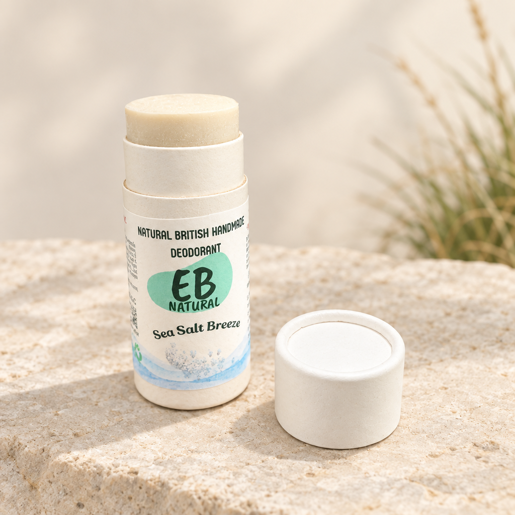 Sea Salt Breeze open deodorant and cap with a stone theme