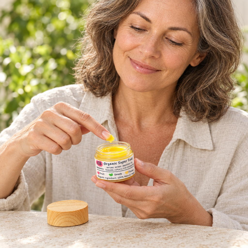 Middle-aged woman taking yellow balm from the jar