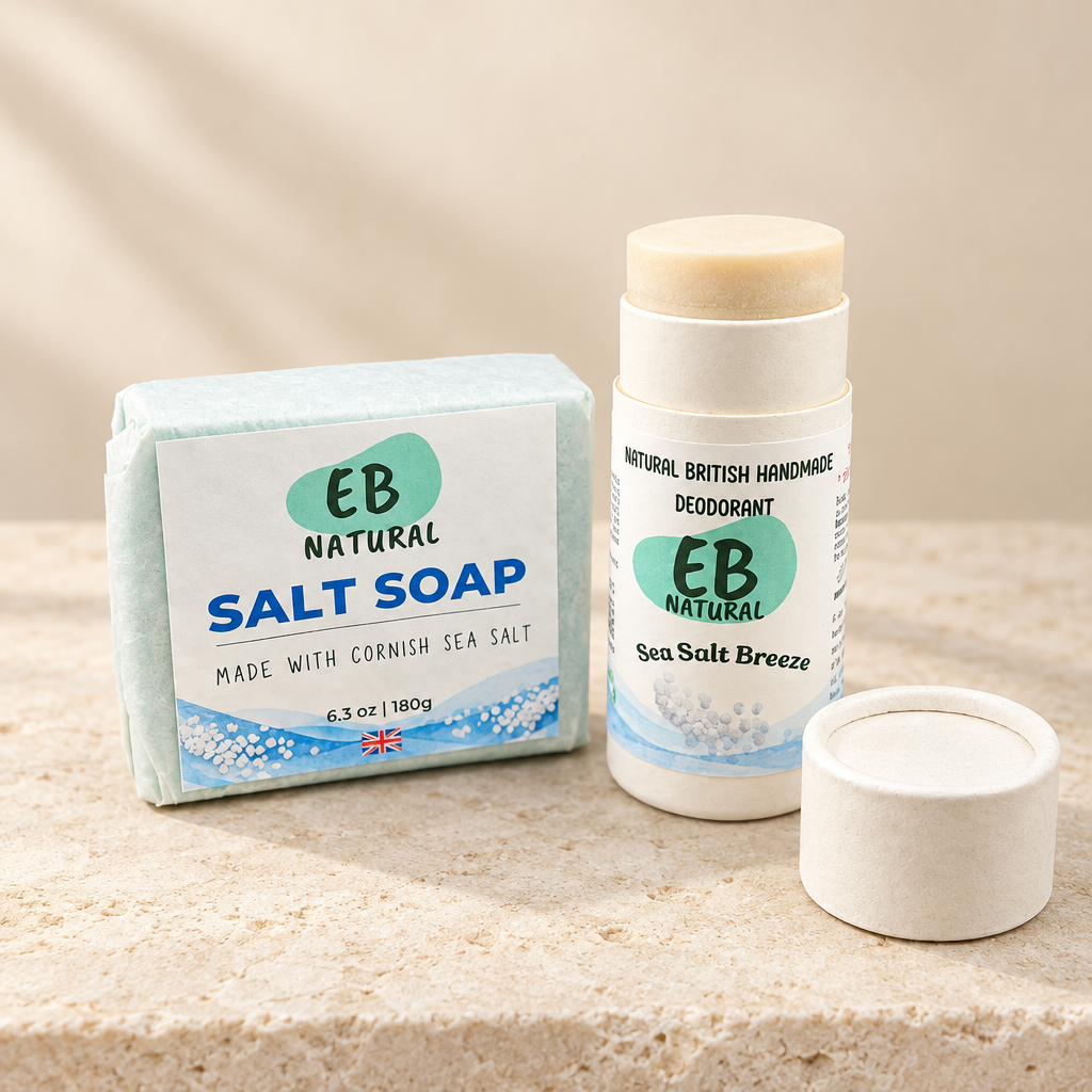 Sea Salt Soap and deodorant bundle on a stone background