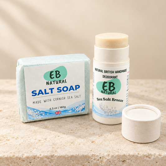 Sea Salt Soap and deodorant bundle on a stone background