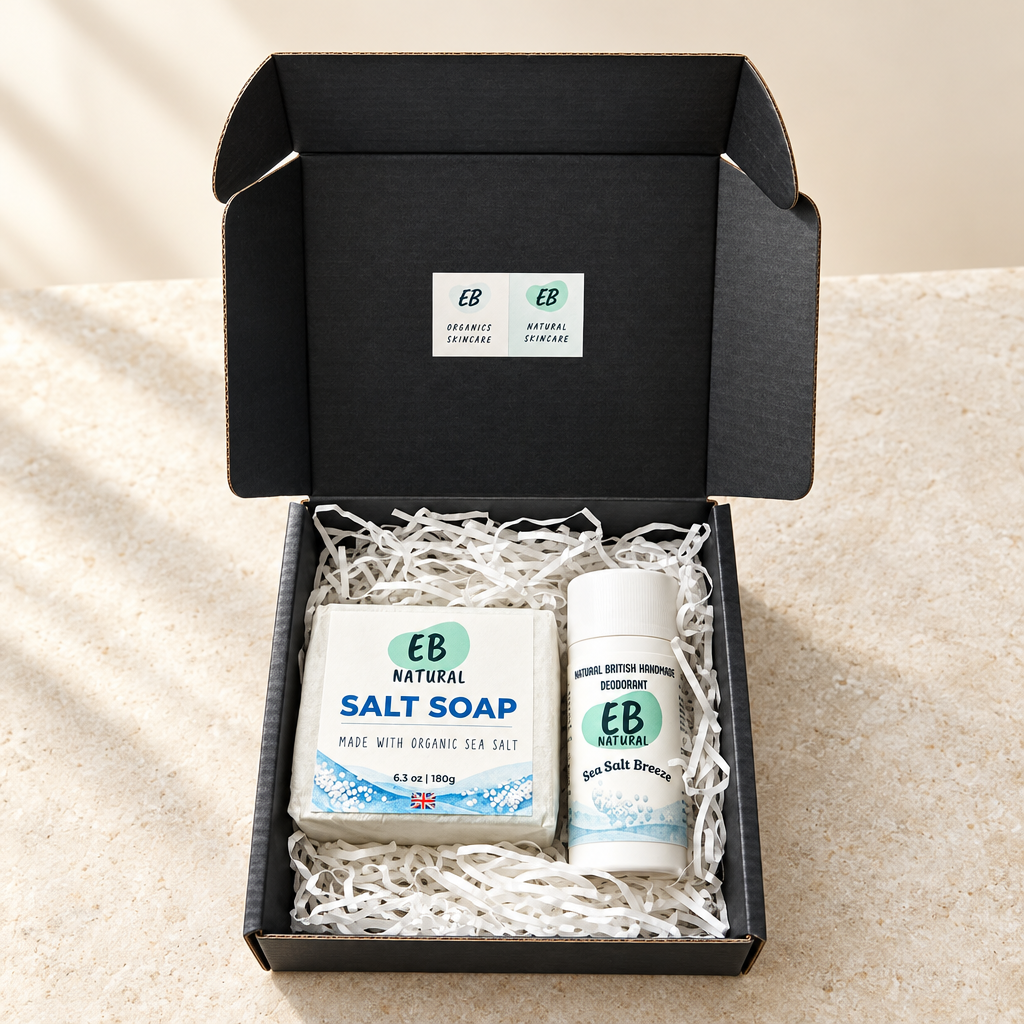 Sea Salt Soap and deodorant gift box on a stone background