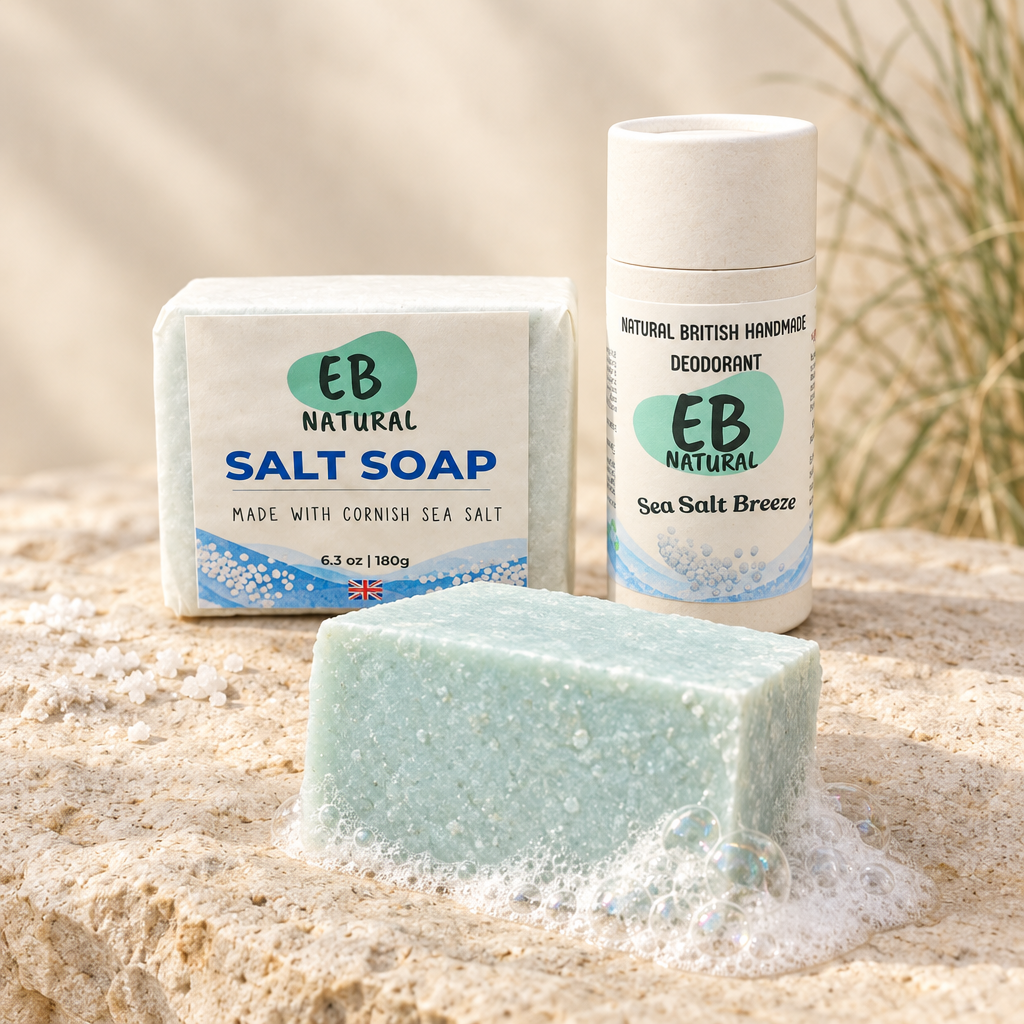Sea Salt Soap and Sea Salt Breeze deodorant together in a natural stone setting